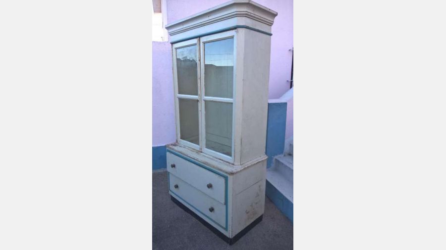 Movel Cristaleira Aparador antigo Raro Azul Branco decoração + 80 anos