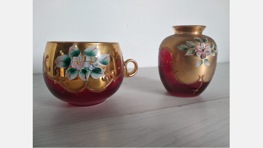 Conjunto de 2 peças em vidro pintadas à mão